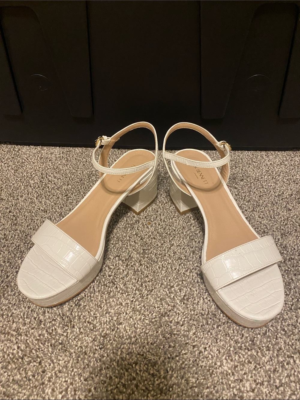 LK Bennett White Croc-Embossed Ankle Strap Block Heel Sandals